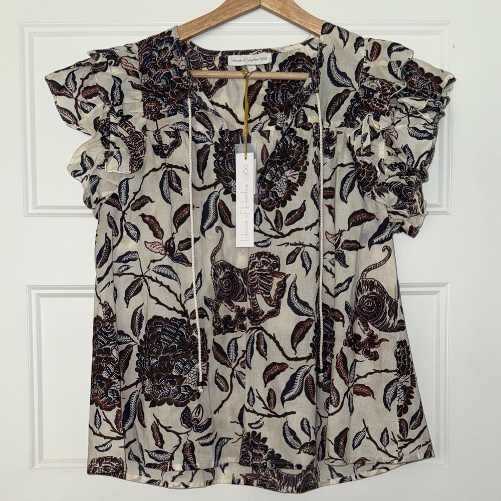 House of Harlow 1960 Black and Cream Floral Blouse - Picture 2 of 6